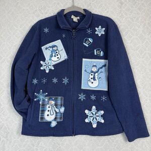 Vtg Holiday Fleece Jacket Women L Blue Snowman Christmas Festive Grandmacore 90s